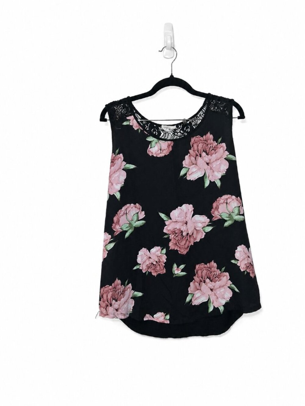 Carol Rose Black Pink Floral Lace Shoulder Blouse Women’s Large